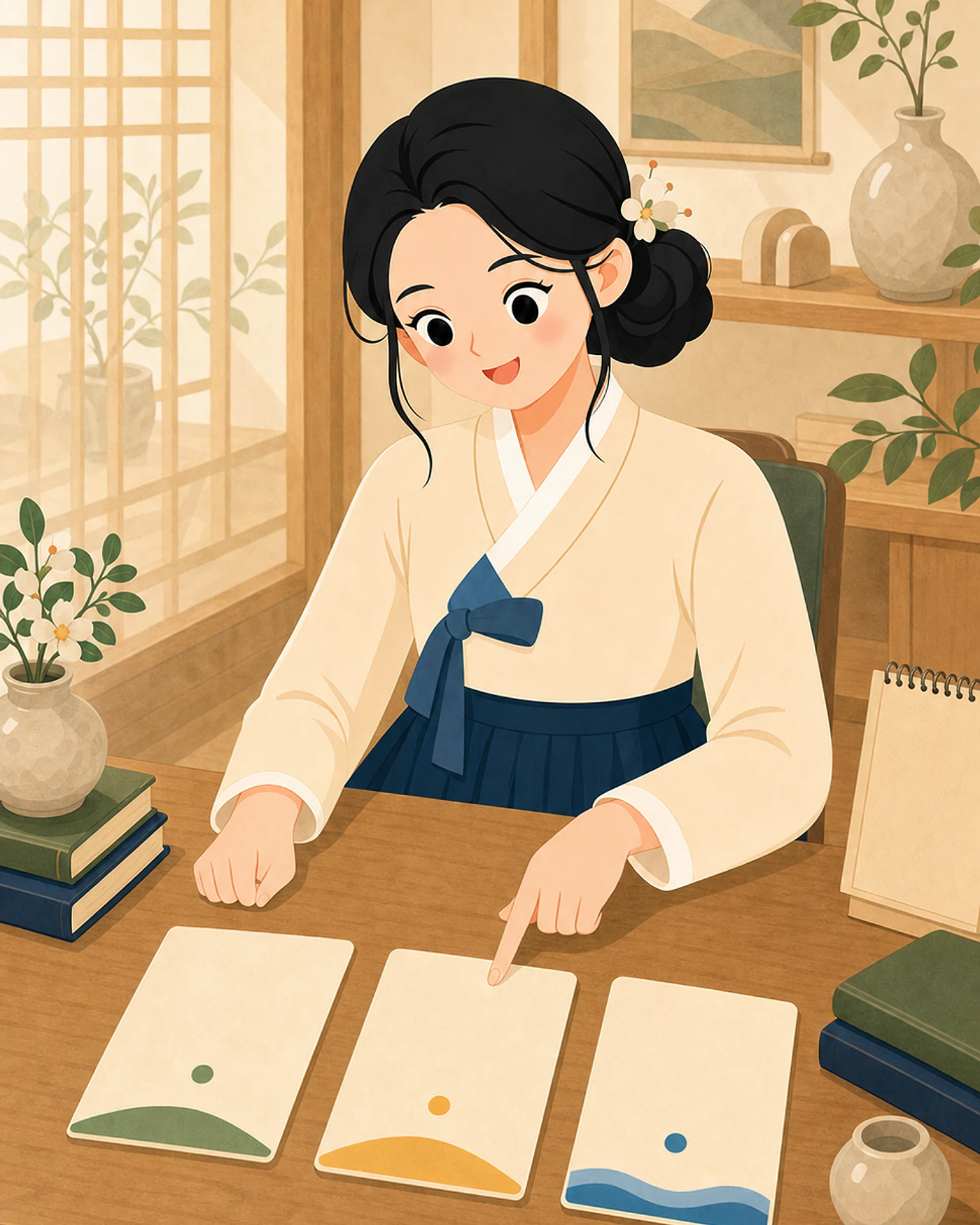 도아가 명경원 작업실에서 세 가지 선택 카드를 차분히 안내하는 모습