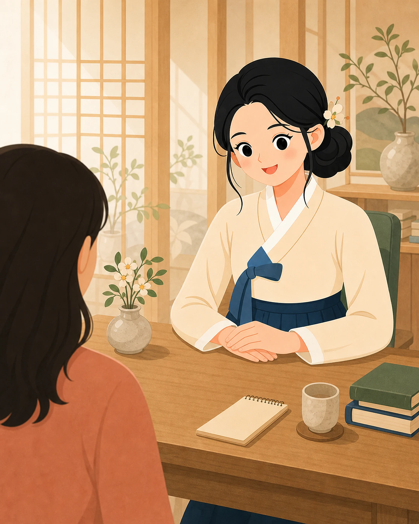 도아가 명경원 작업실에서 방문자의 이야기를 차분히 듣는 모습