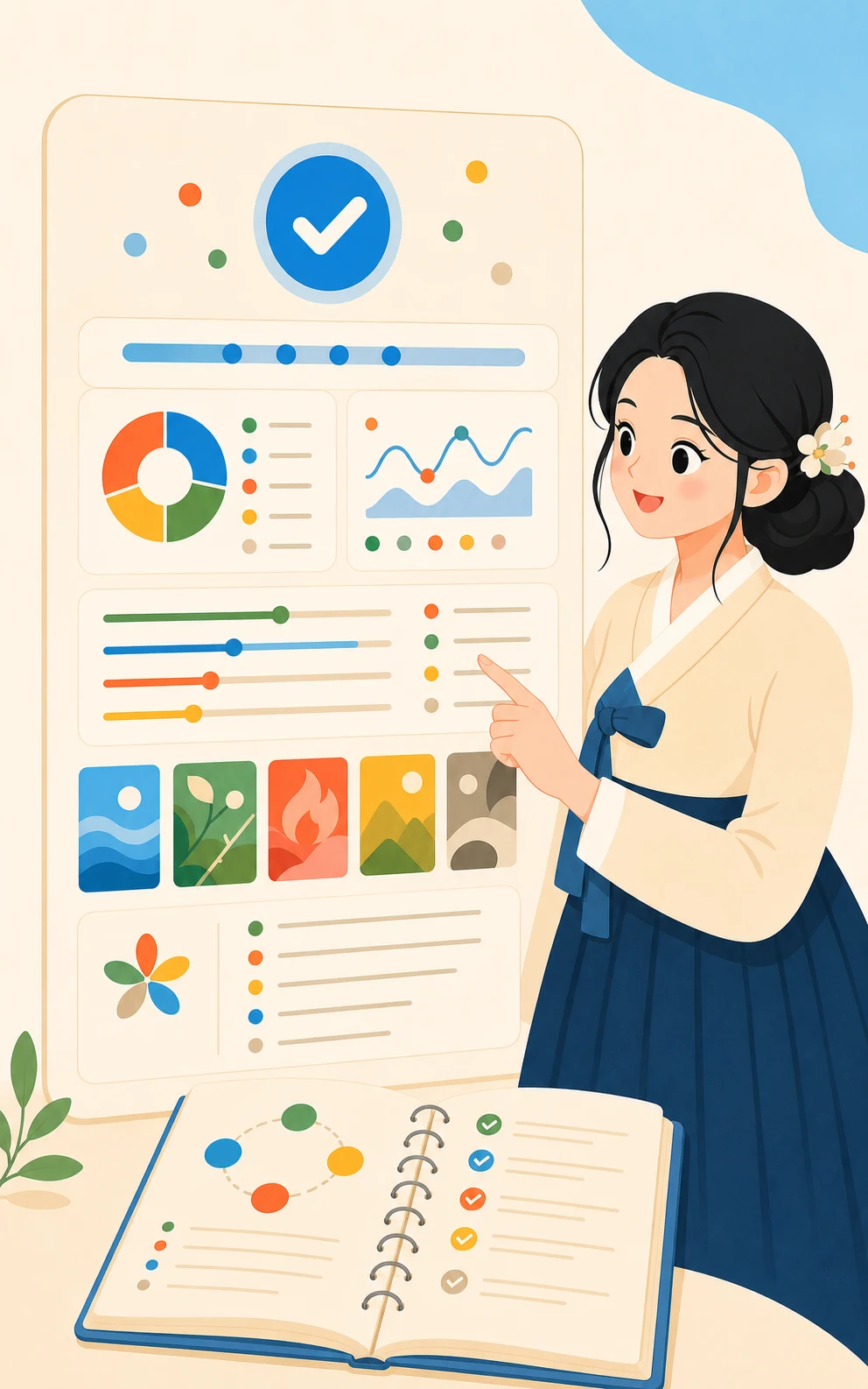 도아가 완성된 사주 해석 화면의 여러 흐름을 가리키며 안내하는 모습